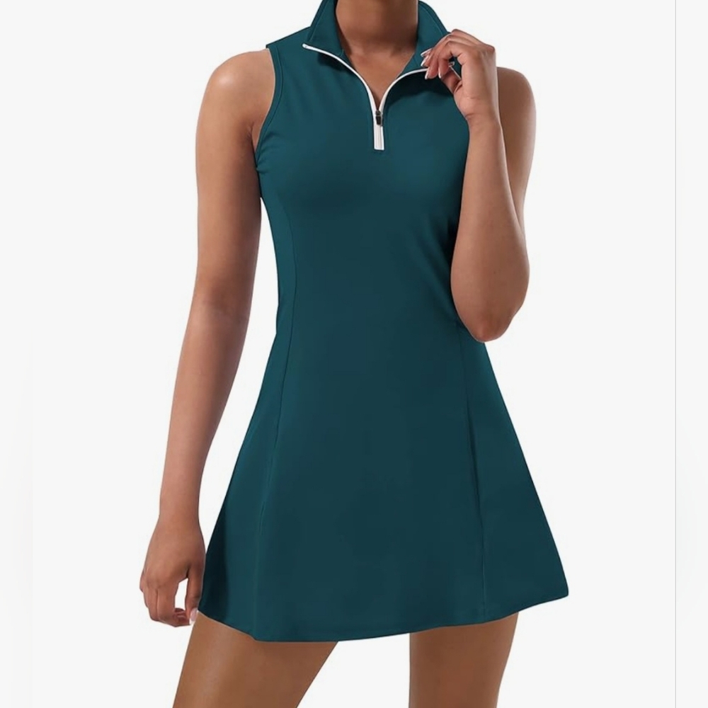 Athletic Dress With Seperate Shorts Sleeveless Teal Zip-Up